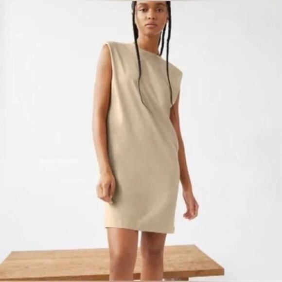 Aritzia Dresses & Skirts - ARITZIA Babaton Shoulder Pad Cotton Mini Dress Olive Beige Size Small Minimalist